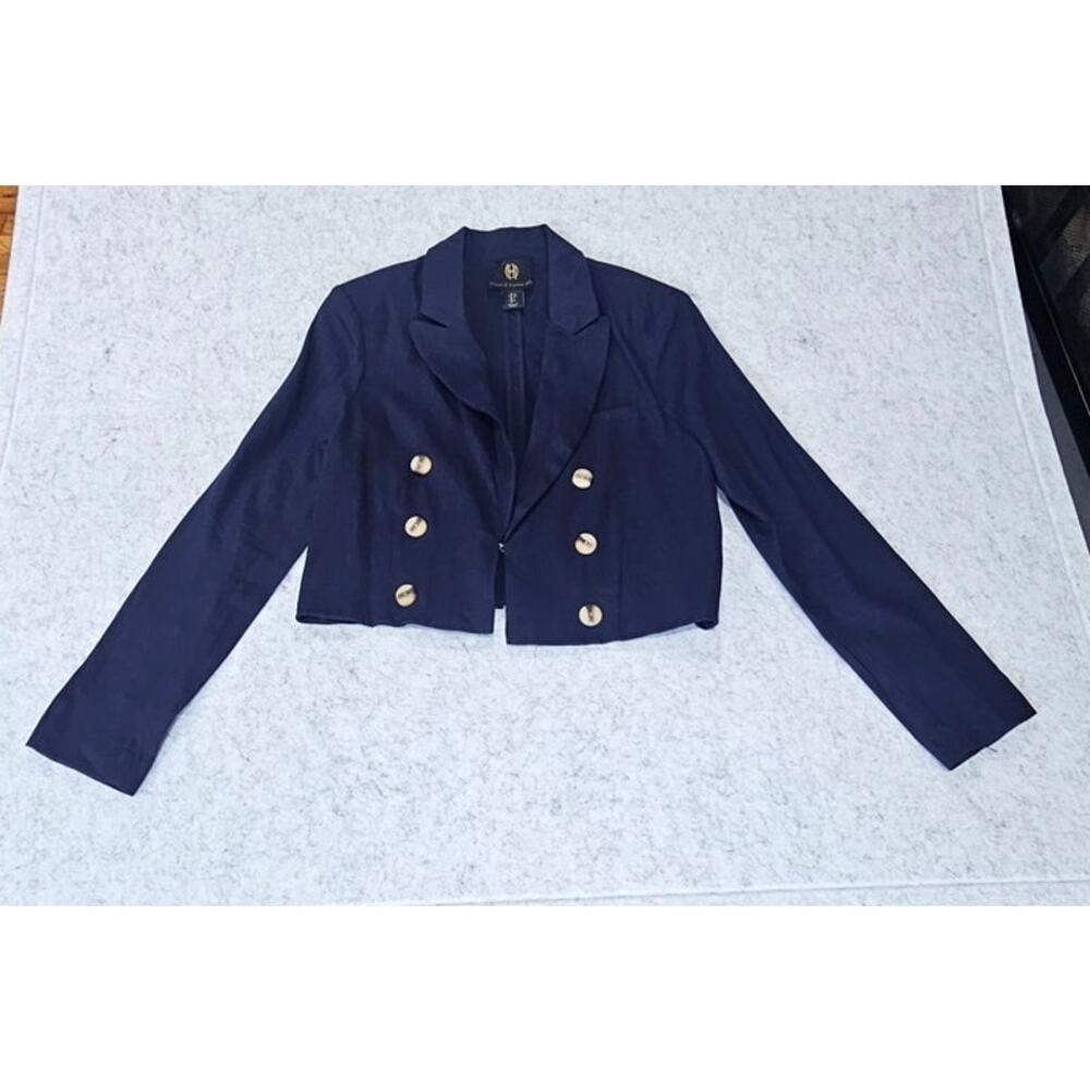 House of Harlow 1960 Blue Linen Cropped Blazer, Wood like Buttons, Sz S - Picture 8 of 10